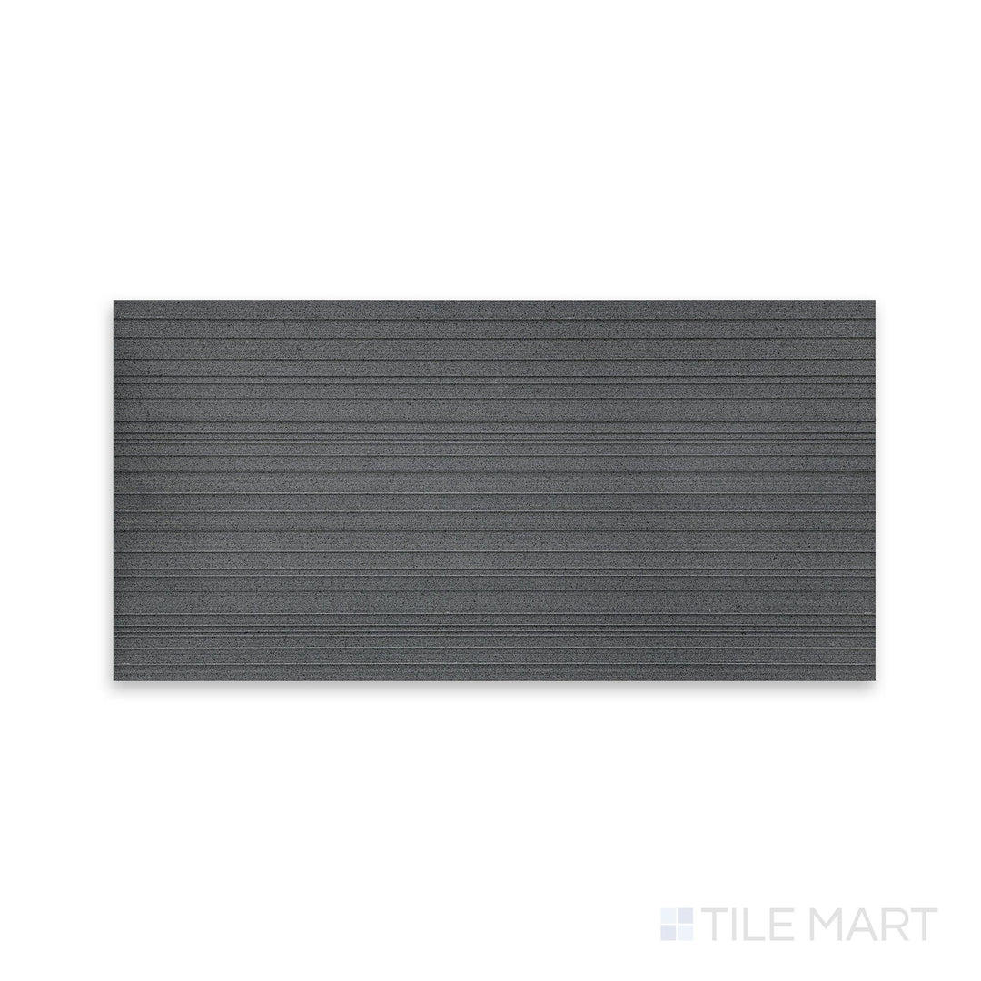 Detail of Ravello Black basalt 12x24 horizon tile highlighting deep tone and linear stone texture