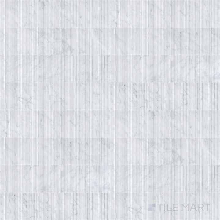 Ravello White Carrara marble 6x24 fence tile with crisp veining and architectural texture