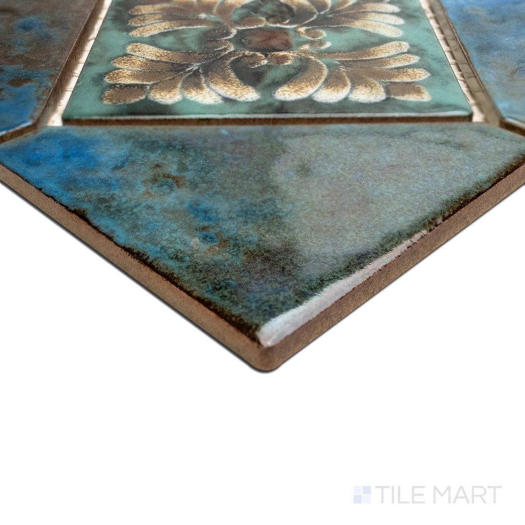 Corner detail emphasizing the craftsmanship of JOYA 500 ALBI 6" DECO, capturing the precision-cut edges and rich texture of the PORCELAIN material. The corner detail showcases the precision and quality of this fine material.