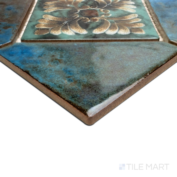 Corner detail emphasizing the craftsmanship of JOYA 500 ALBI 6" DECO, capturing the precision-cut edges and rich texture of the PORCELAIN material. The corner detail showcases the precision and quality of this fine material.