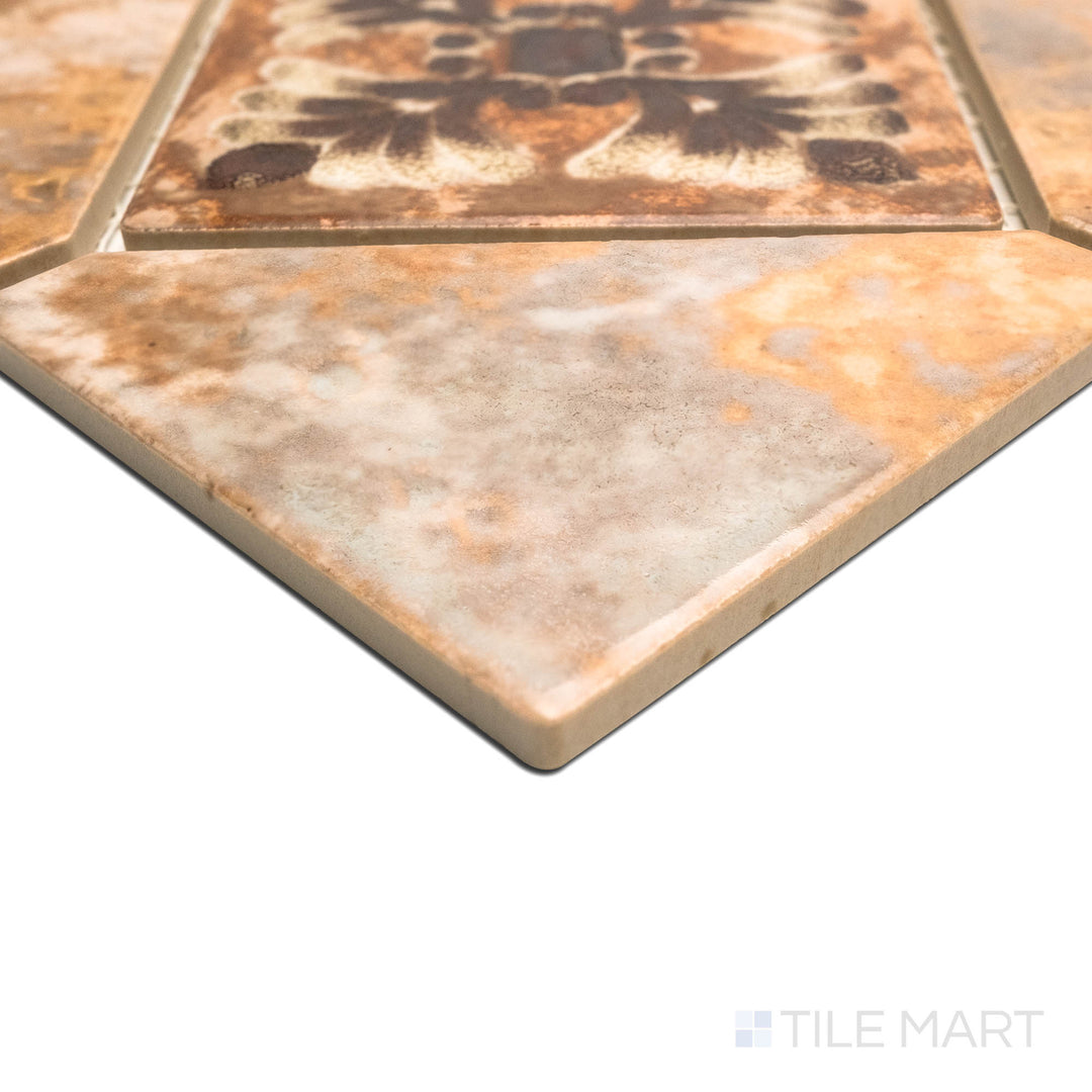 A corner perspective revealing the texture of JOYA 500 GOLD 6" DECO, capturing the precision-cut edges and rich texture of the PORCELAIN material. The clean lines provide a sharp, polished look for intricate tiling projects.