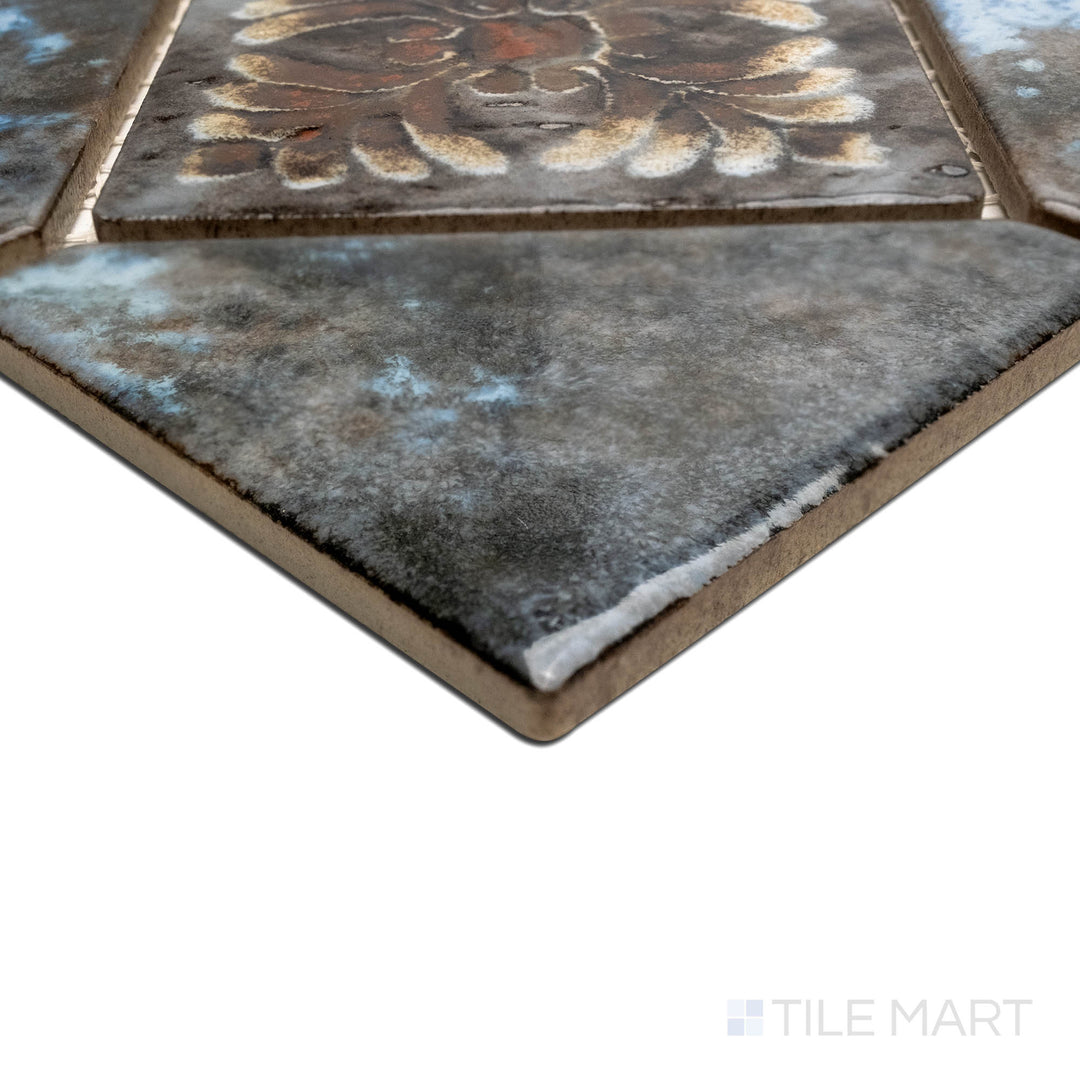 Angled view focusing on the details of JOYA 500 COTTO 6" DECO, capturing the precision-cut edges and rich texture of the PORCELAIN material. Its form ensures a neat, refined appearance when used for corners or trims.