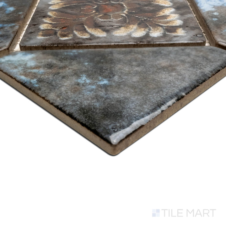 Angled view focusing on the details of JOYA 500 COTTO 6" DECO, capturing the precision-cut edges and rich texture of the PORCELAIN material. Its form ensures a neat, refined appearance when used for corners or trims.