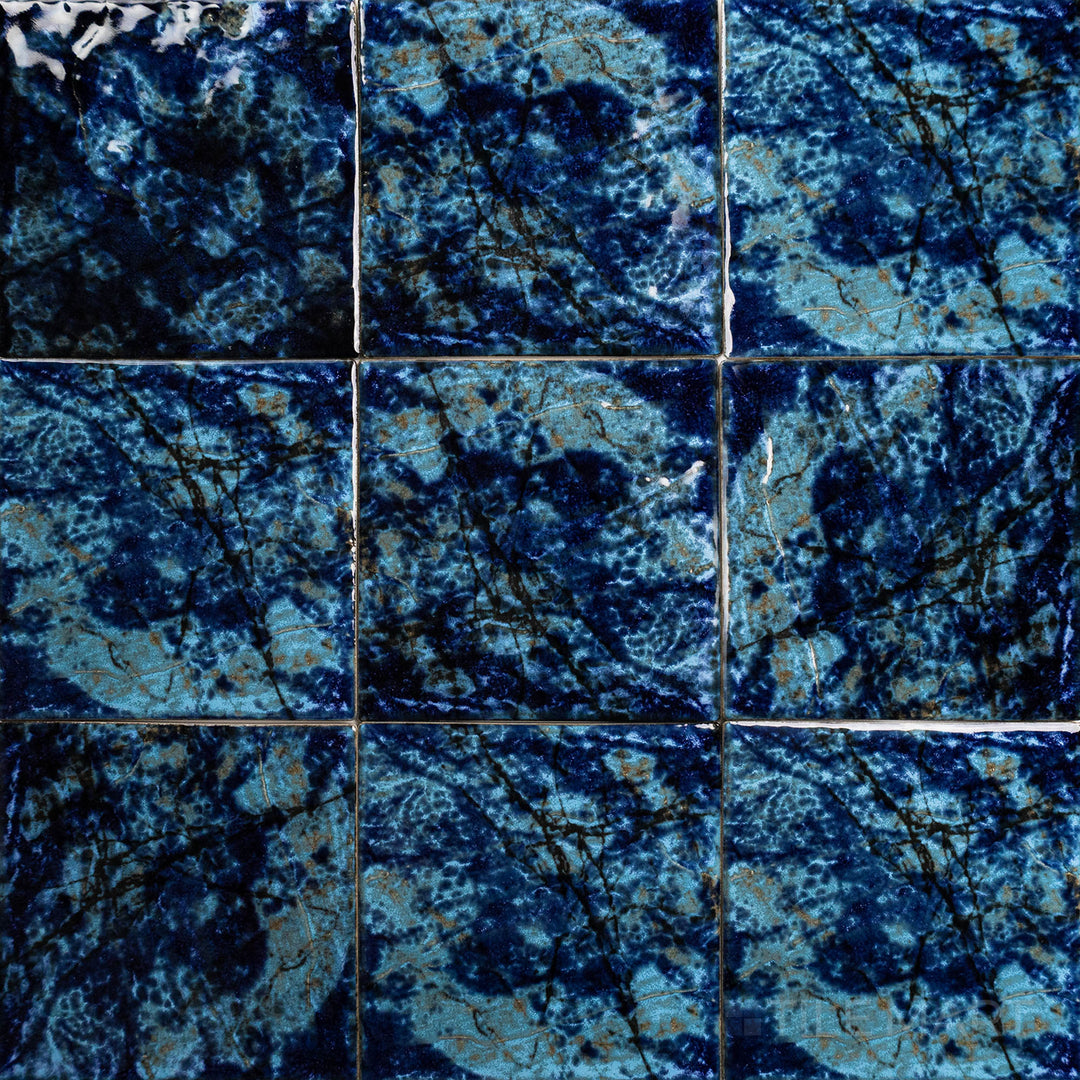 An elevated view emphasizing the SAGA CYAN BLUE 6X6 in SEMI GLOSS finish. Its design is suited for modern settings where texture and tone are essential.