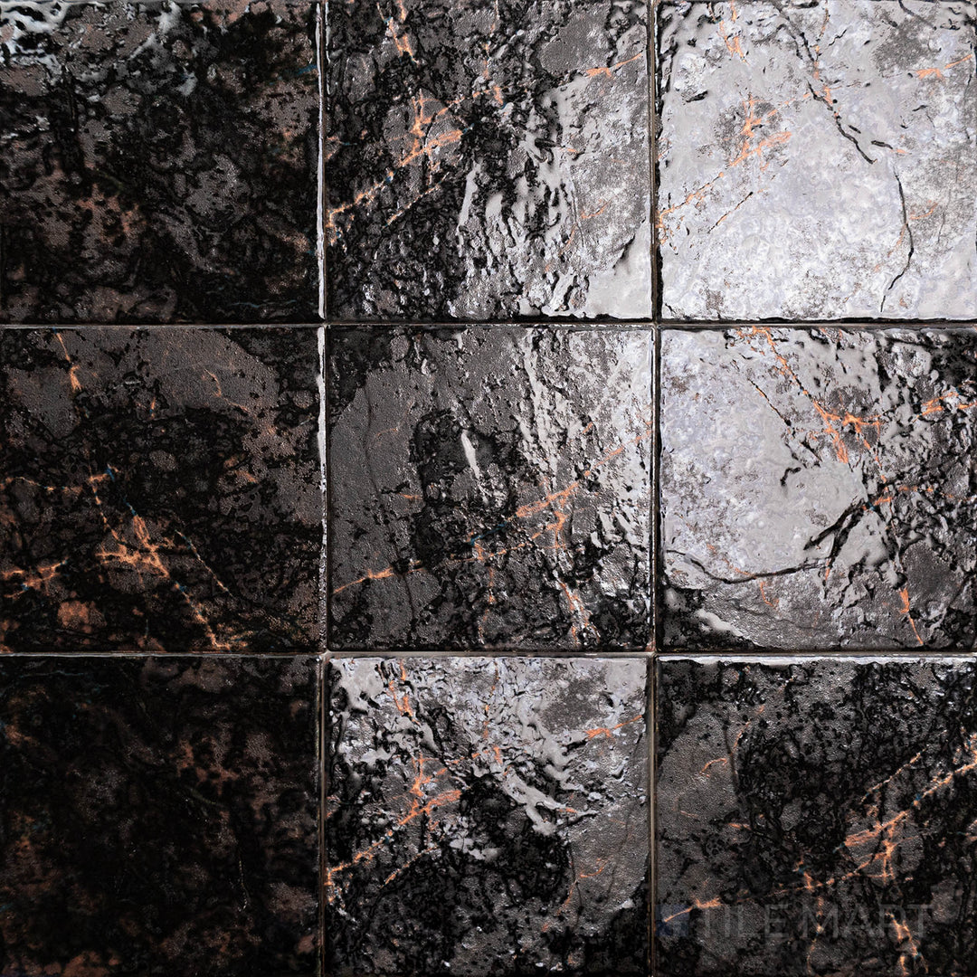 An elevated view emphasizing the SAGA BRONZE 6X6 in SEMI GLOSS finish. Perfect for statement pieces, this tile offers a sleek and refined look.