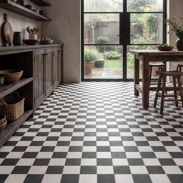 White and charcoal 4x4 matte porcelain checkerboard tile showcasing bold contrast and modern design appeal