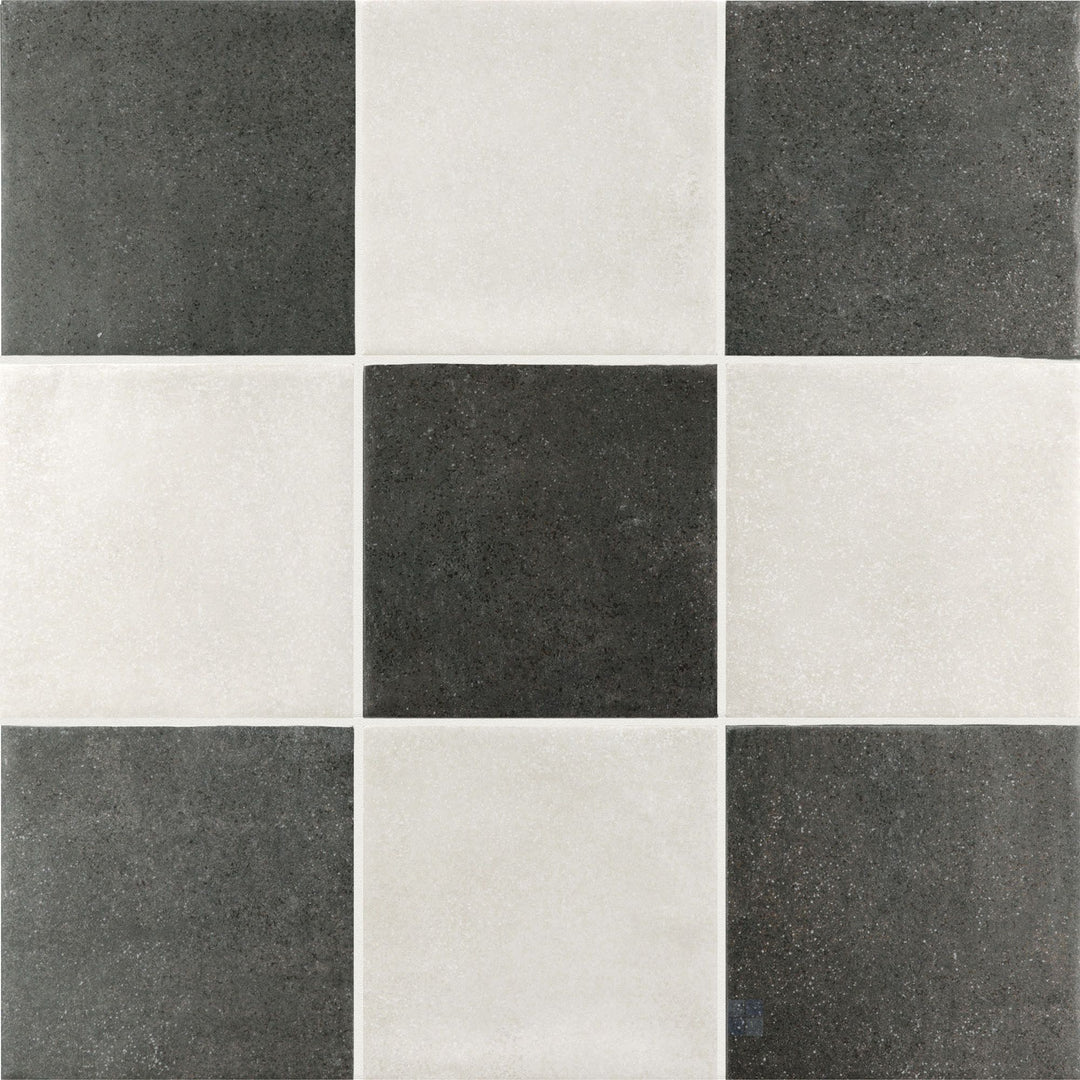 White and charcoal checkerboard matte porcelain tile in a classic 4x4 pattern
