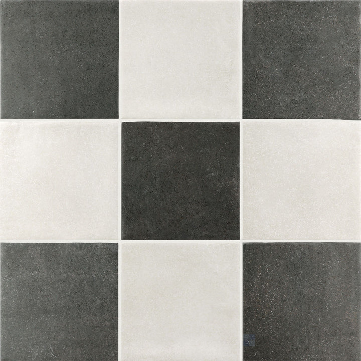 White and charcoal checkerboard matte porcelain tile in a classic 4x4 pattern