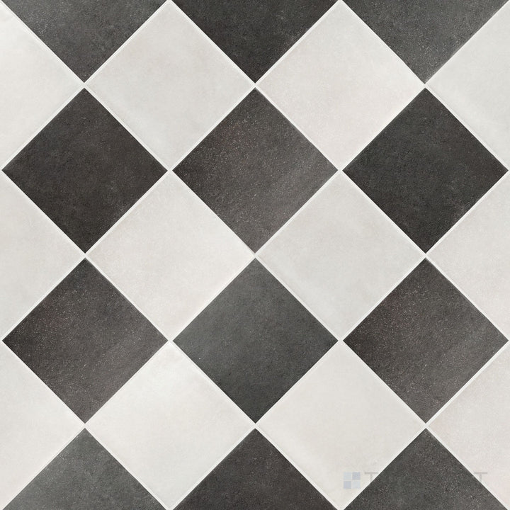 Overview of Stage 4x4 white and charcoal checkerboard matte porcelain tile from an alternate angle highlighting its bold contrast and classic pattern layout