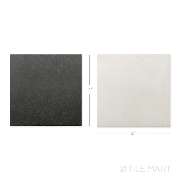 Top-down view of a single Stage 4x4 white and charcoal checkerboard matte porcelain tile showing its crisp two-tone surface and matte finish detail