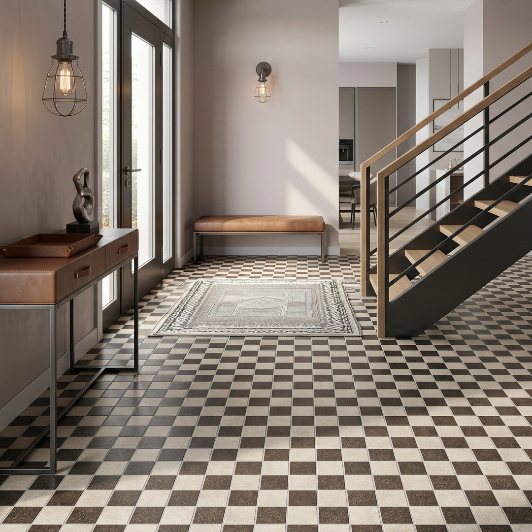 White and brown 4x4 matte porcelain checkerboard tile highlighting warm tones and timeless checkerboard charm