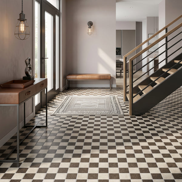White and brown 4x4 matte porcelain checkerboard tile highlighting warm tones and timeless checkerboard charm