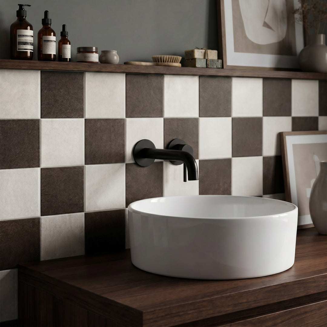 White and brown 4x4 matte porcelain checkerboard tile emphasizing its classic geometric pattern and inviting earthy quality