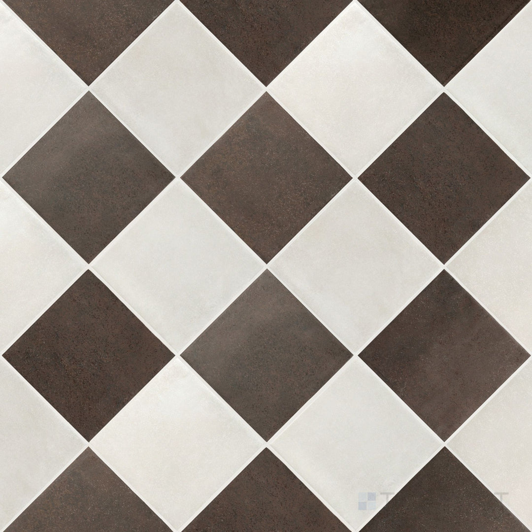 Overview of Stage 4x4 white and brown checkerboard matte porcelain tile from an alternate angle highlighting its warm tonal contrast and geometric pattern