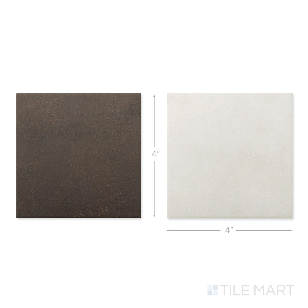 Top-down view of a single Stage 4x4 white and brown checkerboard matte porcelain tile showing its warm two-tone surface and clean matte finish detail