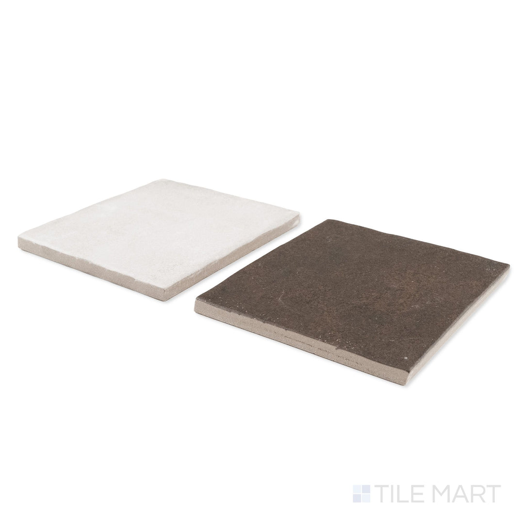 Corner shot of Stage 4x4 white and brown checkerboard matte porcelain tile revealing its edge profile and warm contrasting matte surface