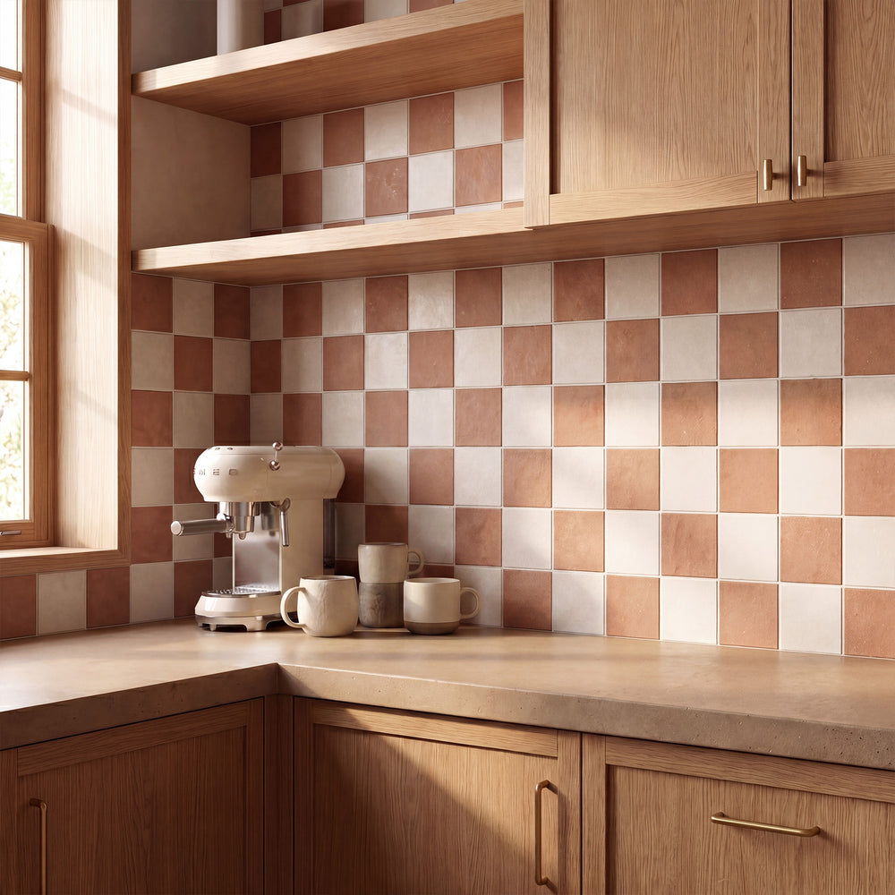 White and terracotta 4x4 matte porcelain checkerboard tile conveying earthy warmth and Mediterranean-inspired character