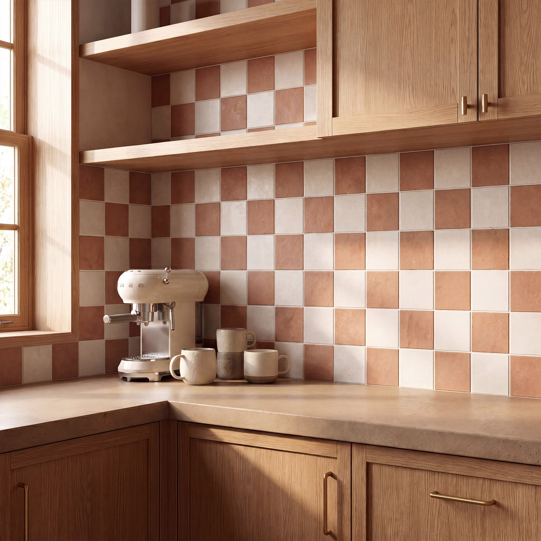 White and terracotta 4x4 matte porcelain checkerboard tile conveying earthy warmth and Mediterranean-inspired character