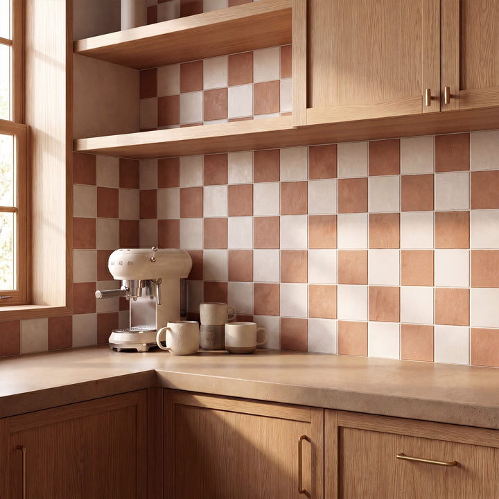 White and terracotta 4x4 matte porcelain checkerboard tile conveying earthy warmth and Mediterranean-inspired character