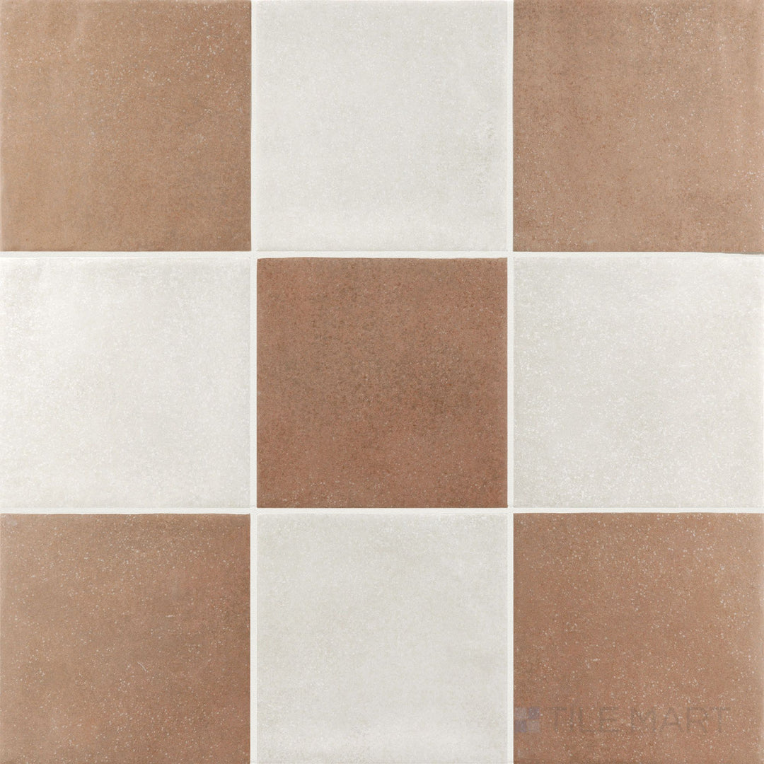 Warm terracotta and white checkerboard porcelain tile with a matte 4x4 square finish