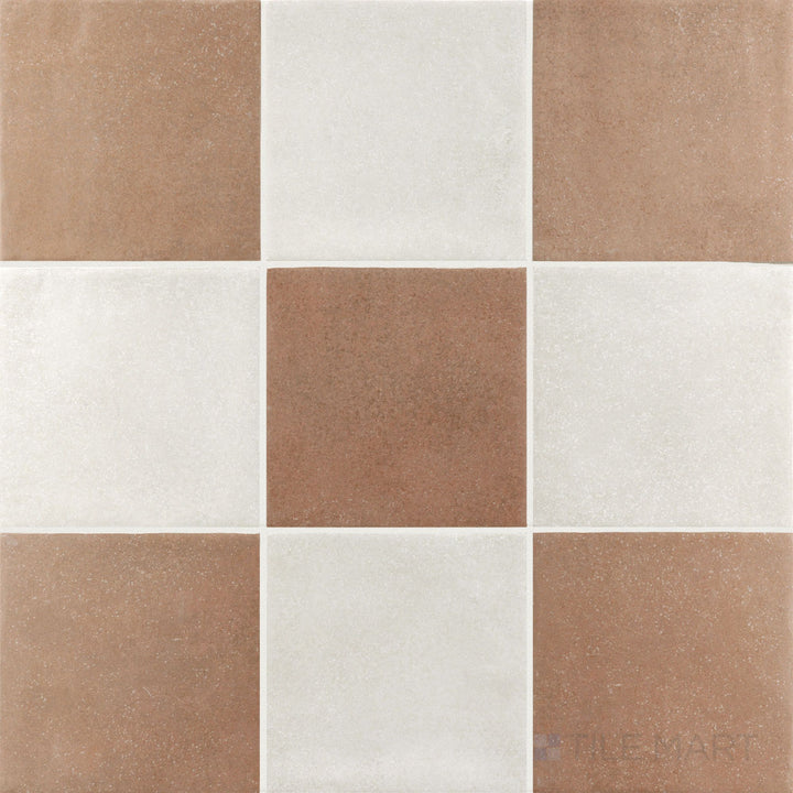 Warm terracotta and white checkerboard porcelain tile with a matte 4x4 square finish