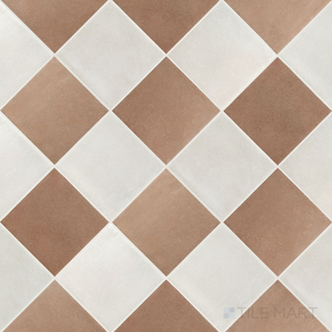 Overview of Stage 4x4 white and terracotta checkerboard matte porcelain tile from an alternate angle highlighting its earthy warm contrast and classic checkerboard layout