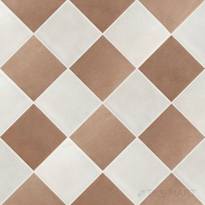 Overview of Stage 4x4 white and terracotta checkerboard matte porcelain tile from an alternate angle highlighting its earthy warm contrast and classic checkerboard layout