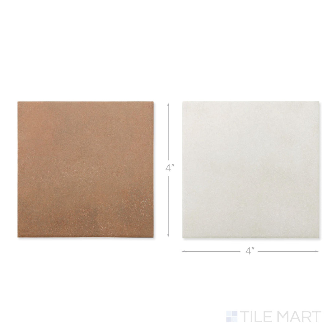 Top-down view of a single Stage 4x4 white and terracotta checkerboard matte porcelain tile showing its earthy two-tone surface and matte finish detail