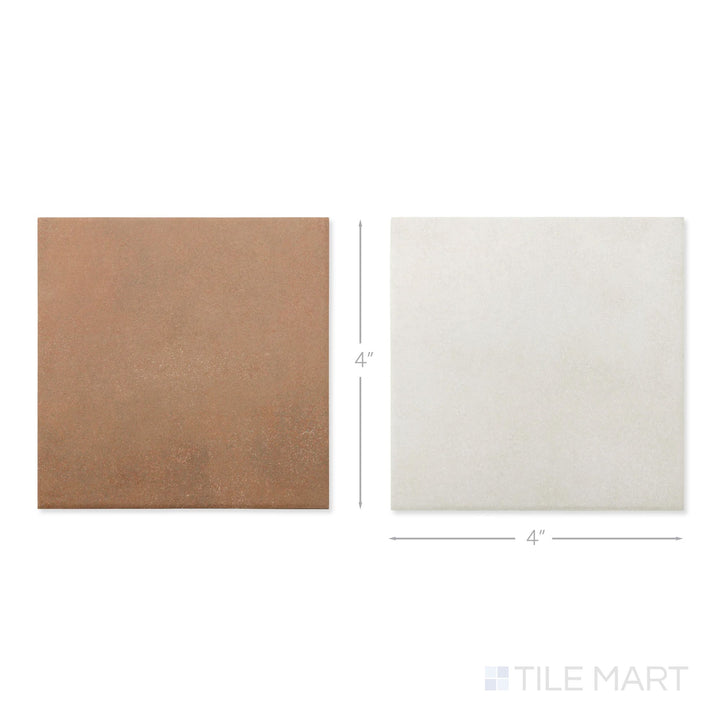 Top-down view of a single Stage 4x4 white and terracotta checkerboard matte porcelain tile showing its earthy two-tone surface and matte finish detail