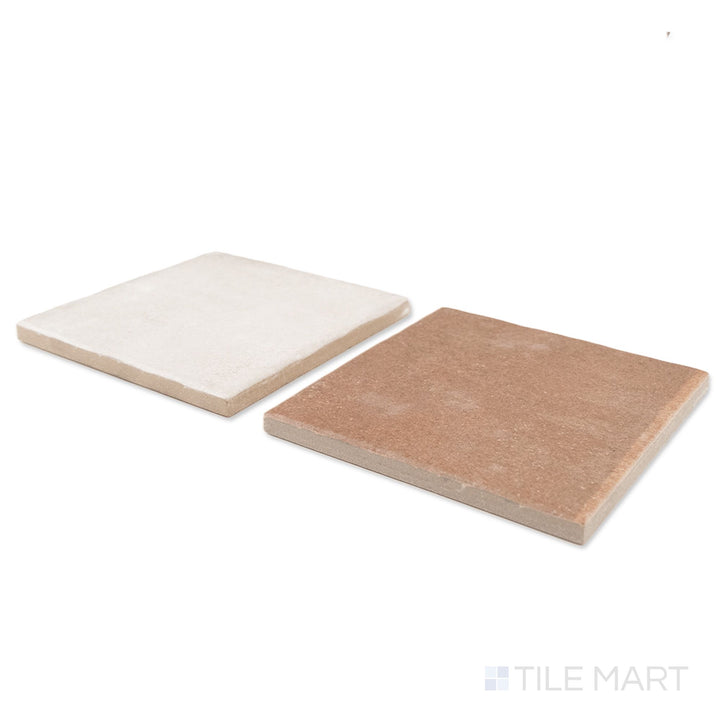 Corner shot of Stage 4x4 white and terracotta checkerboard matte porcelain tile revealing its edge profile and warm earthy matte surface