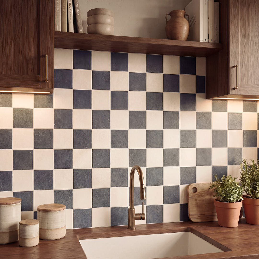 White and denim 4x4 matte porcelain checkerboard tile reflecting a cool, casual contrast and contemporary design appeal