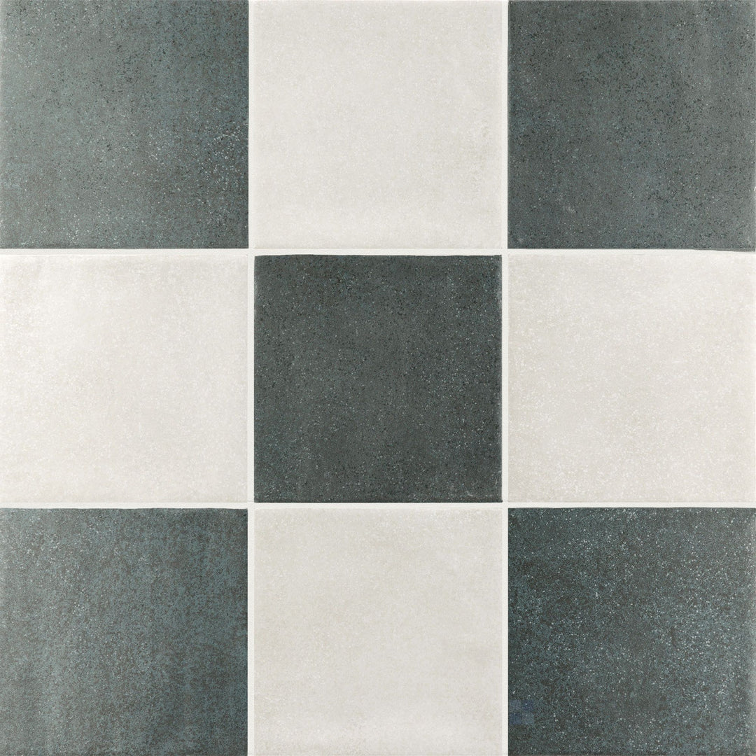 4x4 matte porcelain checkerboard tile in a fresh pairing of crisp white and cool denim blue squares