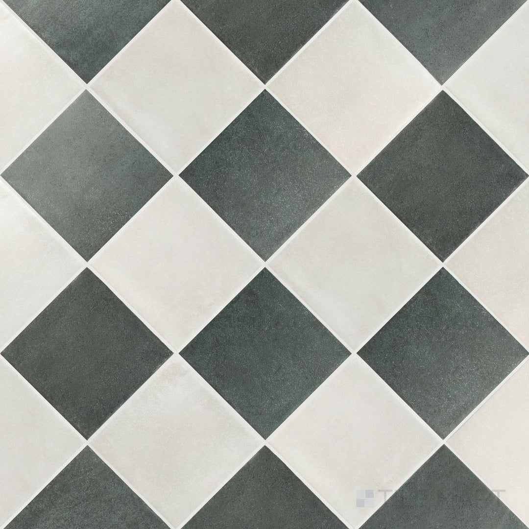 Overview of Stage 4x4 white and denim checkerboard matte porcelain tile from an alternate angle highlighting its cool casual contrast and geometric pattern layout