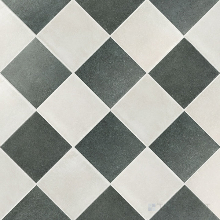Overview of Stage 4x4 white and denim checkerboard matte porcelain tile from an alternate angle highlighting its cool casual contrast and geometric pattern layout
