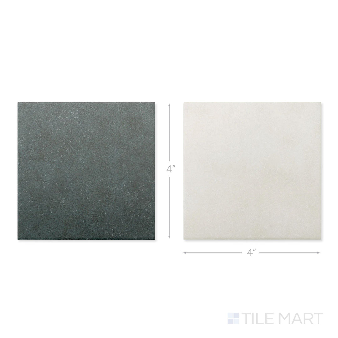 Top-down view of a single Stage 4x4 white and denim checkerboard matte porcelain tile showing its cool two-tone surface and clean matte finish detail