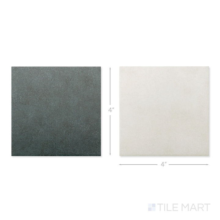Top-down view of a single Stage 4x4 white and denim checkerboard matte porcelain tile showing its cool two-tone surface and clean matte finish detail