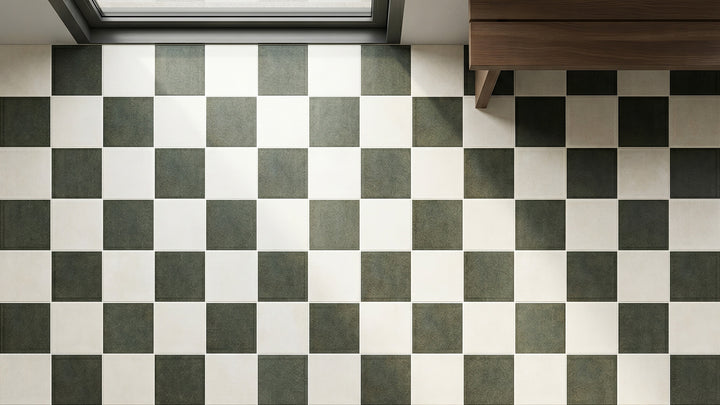 White and forest 4x4 matte porcelain checkerboard tile conveying a crisp, nature-inspired contrast and fresh design character