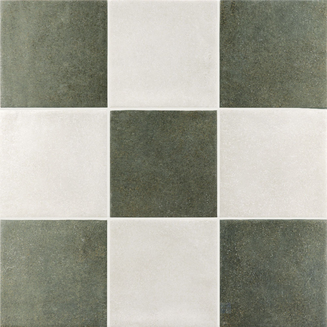 Matte porcelain tile in a 4x4 checkerboard pattern with crisp white and deep forest green squares