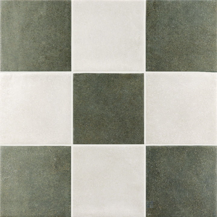 Matte porcelain tile in a 4x4 checkerboard pattern with crisp white and deep forest green squares