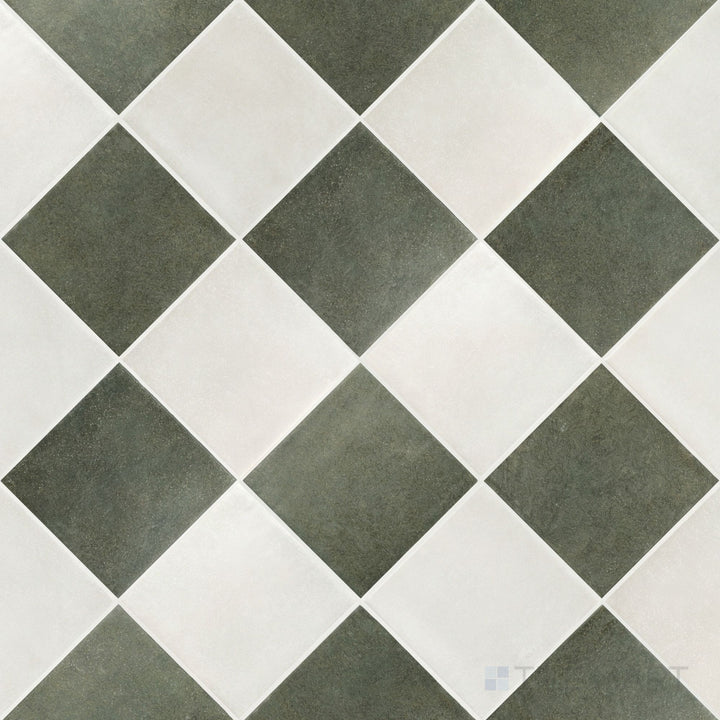 Overview of Stage 4x4 white and forest checkerboard matte porcelain tile from an alternate angle highlighting its crisp nature-inspired contrast and classic pattern layout