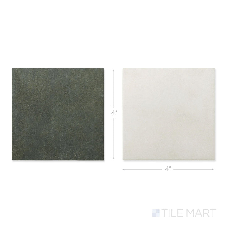 Top-down view of a single Stage 4x4 white and forest checkerboard matte porcelain tile showing its fresh two-tone surface and matte finish detail