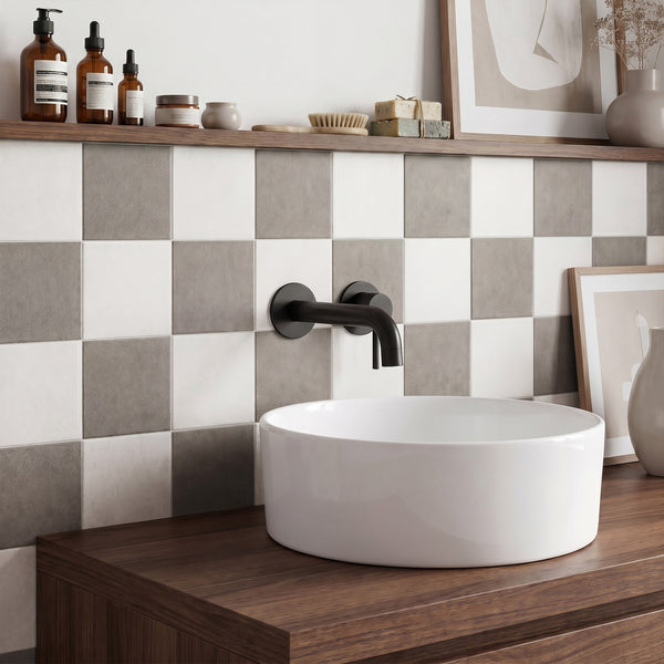 White and grey 4x4 matte porcelain checkerboard tile reflecting a clean, understated look with timeless neutral appeal