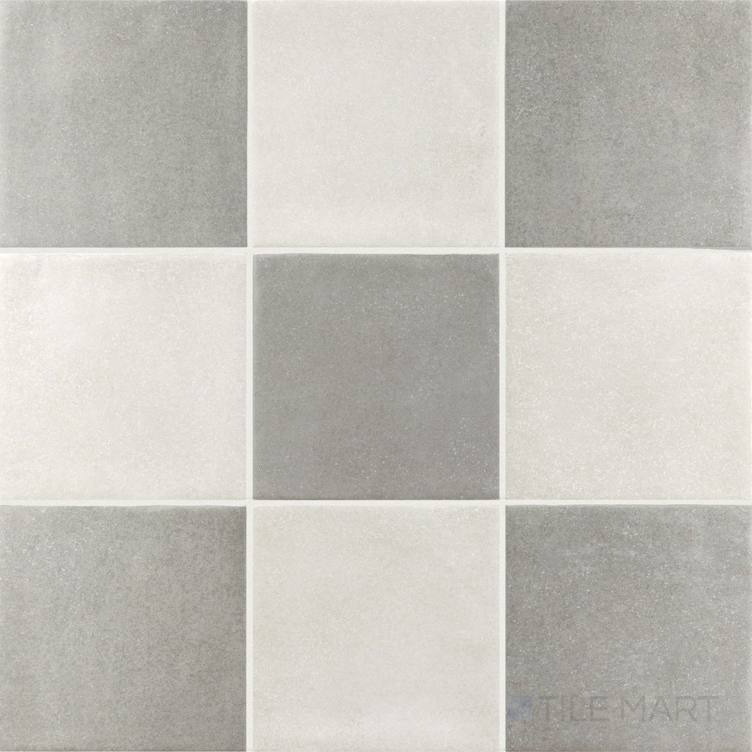 Classic two-tone checkerboard porcelain tile alternating white and grey in a matte 4x4 format