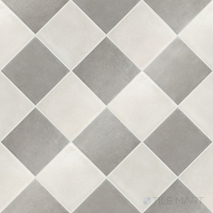 Overview of Stage 4x4 white and grey checkerboard matte porcelain tile from an alternate angle highlighting its clean neutral contrast and timeless pattern layout