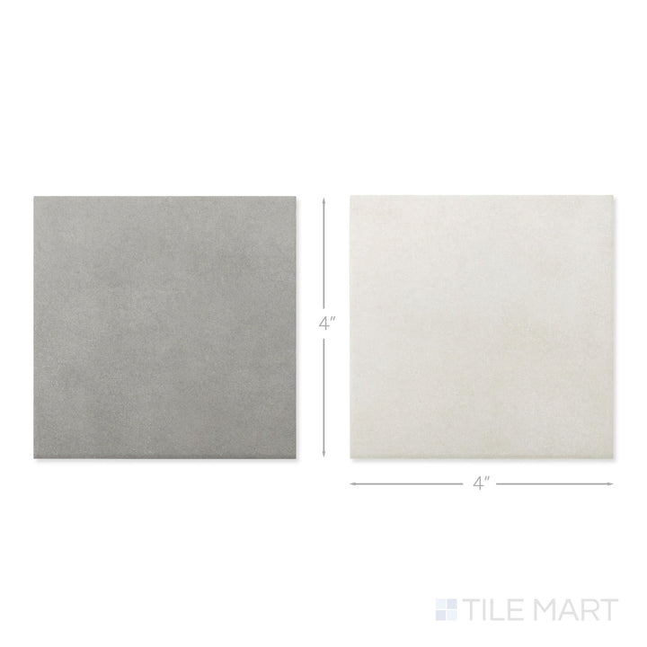 Top-down view of a single Stage 4x4 white and grey checkerboard matte porcelain tile showing its understated two-tone surface and clean matte finish detail