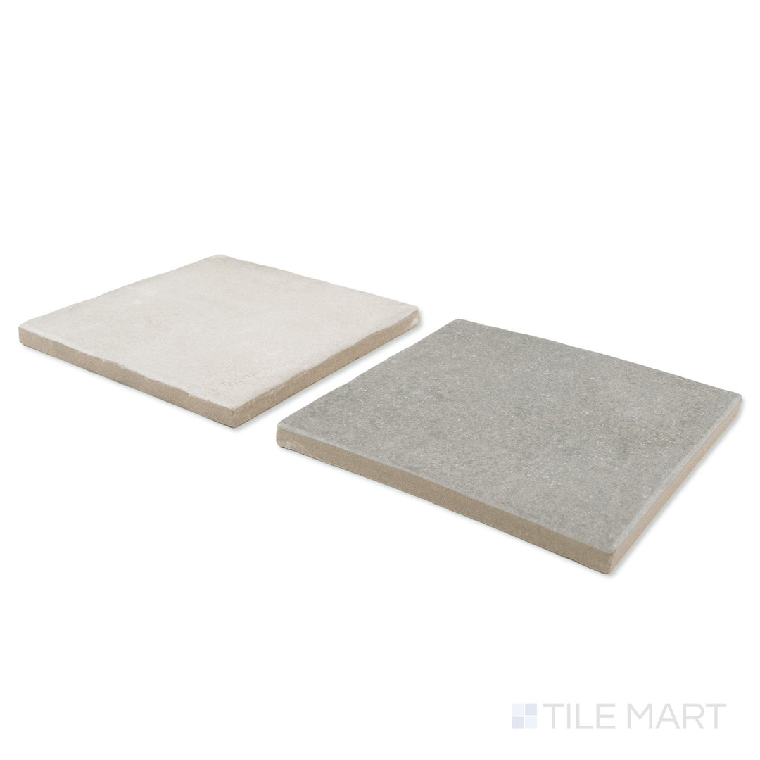 Corner shot of Stage 4x4 white and grey checkerboard matte porcelain tile revealing its edge profile and soft neutral grey matte surface