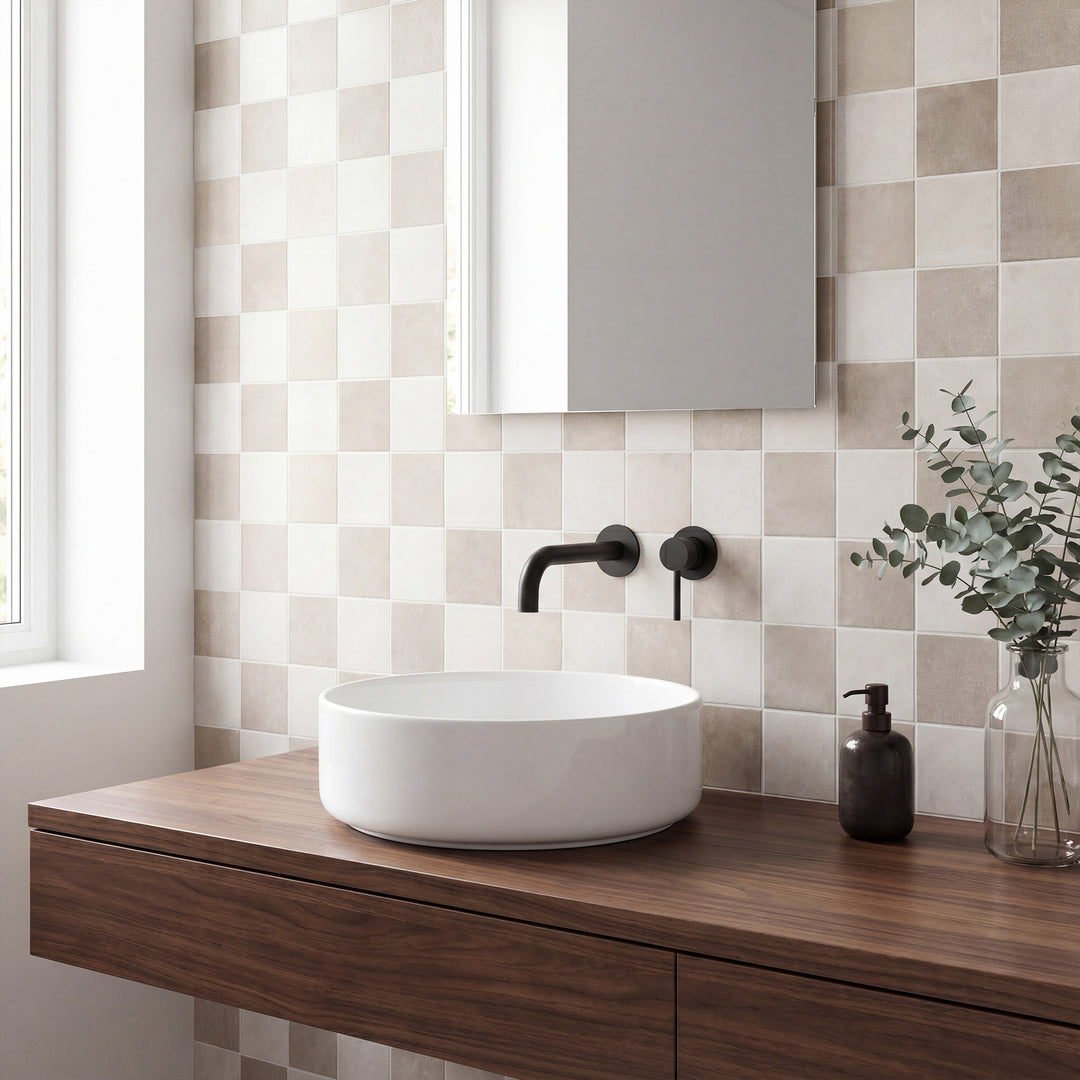 White and taupe 4x4 matte porcelain checkerboard tile highlighting a soft, warm neutral pairing with quiet elegance