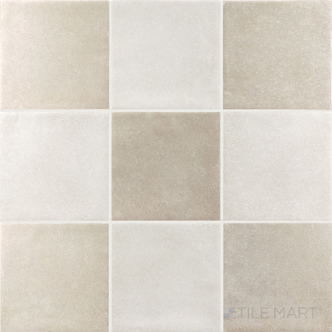 Soft white and taupe checkerboard matte porcelain tile arranged in a 4x4 square grid