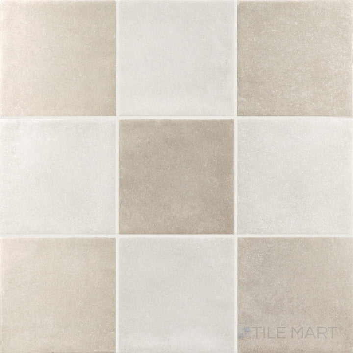 Soft white and taupe checkerboard matte porcelain tile arranged in a 4x4 square grid