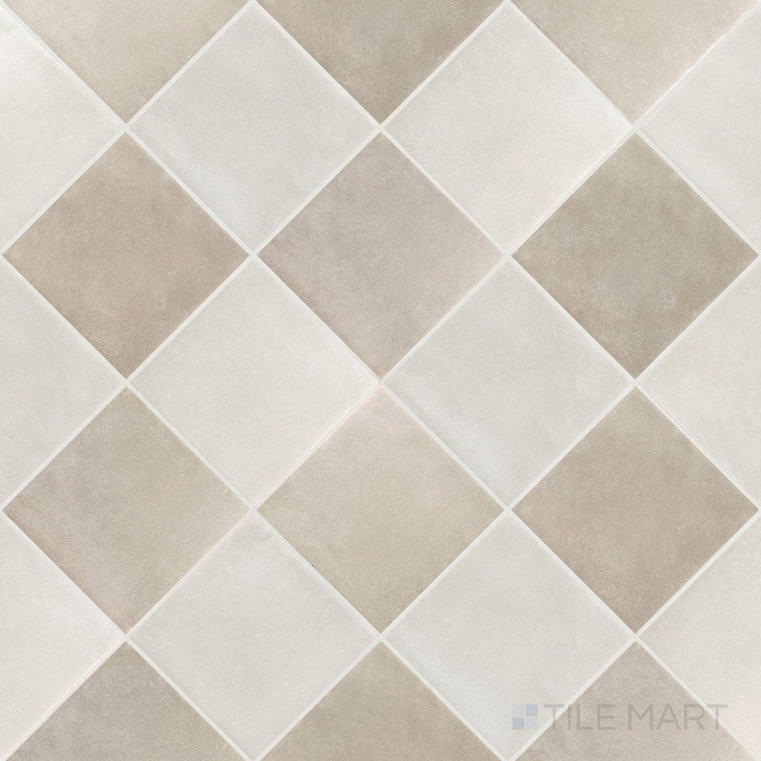 Overview of Stage 4x4 white and taupe checkerboard matte porcelain tile from an alternate angle highlighting its soft warm neutral contrast and geometric pattern layout